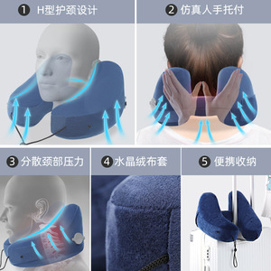 Almohada de viaje en forma de U, inflable, con capucha, de terciopelo, con soporte para el cuello, para avión, coche, descanso de larga distancia - Product Image 3