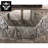 Mobilier de salon design moderne en acier inoxydable avec plateau en verre, table basse centrale de luxe avec miroir, argent