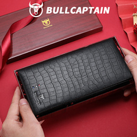 Dompet Panjang Kulit Asli BULLCAPTAIN Motif Buaya untuk Pria - Dompet Kartu Bisnis Mewah dengan Pelindung RFID