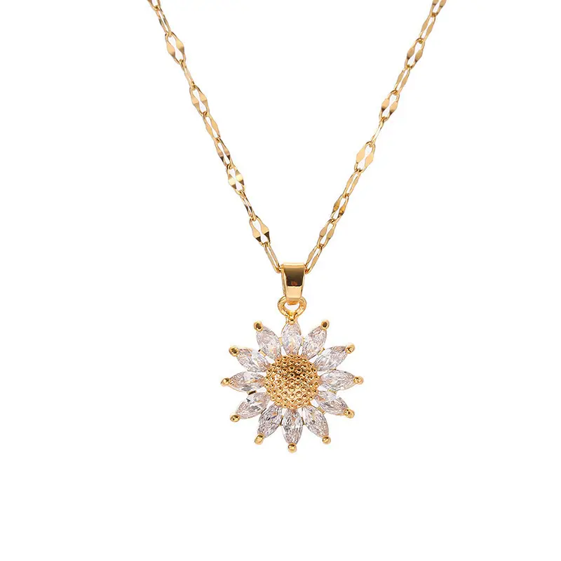 Nouveau pendentif collier en acier inoxydable zircon or tournesol