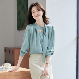 French Style Tie Neck Long Sleeve Shirt Women <b>White</b> Chiffon Solid Color Casual Spring Autumn Top - Product Image 2