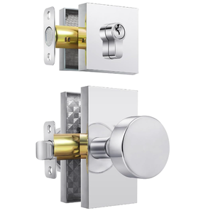 Kenop Pintu Perak Berkilau Sederhana dan Unggul dengan <span class=keywords><strong>Set</strong></span> Kunci Silinder Tunggal <span class=keywords><strong>Deadbolt</strong></span>, Dioperasikan dengan Kunci, Anti Maling - Product Image 1