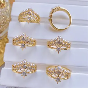 מיקרו סלול Zirconia מצופה זהב ניזר נסיכת כתר פרל נשים אופנה מתכוונן להקת כתר טבעת