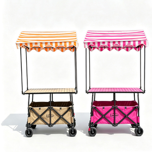 Chariot de <span class=keywords><strong>camping</strong></span> pliable avec auvent rayé, table escamotable, quatre roues, pour stand de vente extérieur et marché - Product Image 1