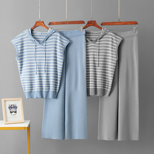 ชุดเซ็ตเสื้อฮู้ดดี้และกางเกงขายาวลำลองแฟชั่นฤดูร้อน เสื้อถักแขนกุดลายทาง ฮู้ดดี้สุดฮิต - Product Image 2