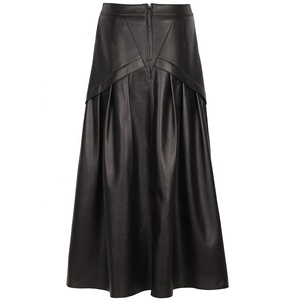 Women's <strong>Black</strong> Genuine Leather Maxi <strong>Skirt</strong> - Geometric Panel Pleated <strong>Pocket</strong> Detail Office Wear - Product Image 5
