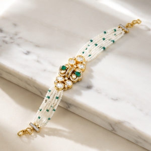 925 Silver Pearl <b>Beaded</b> <b>Bracelet</b> for Women with Green Stone Traditional Ethnic Designer Jewelry Fashion Party Wear Style - Product Image 5