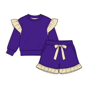 Ensemble 2 pièces pour filles : Sweat-shirt à manches longues à rayures unies et short à volants, certifié CPC & CPSIA, précommande - Product Image 5