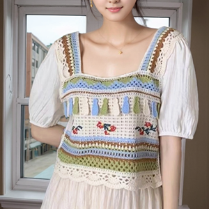 Chemise en mousseline de soie blanche bohème au crochet, broderie florale et papillon, manches courtes, hauts d'été pour femmes - Product Image 1