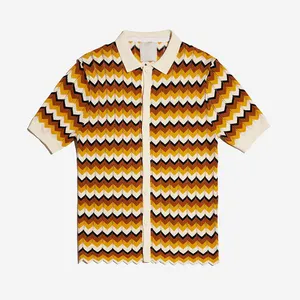 2023夏季来样定做标志100% 棉钩针短袖上衣波浪图案设计POIO领男式衬衫开衫毛衣