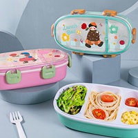 Boîte à bento en plastique pour enfants, 2 compartiments, étanche, avec couverts cachés, sans BPA, légère, pour le déjeuner, personnalisable avec logo OEM, 1L