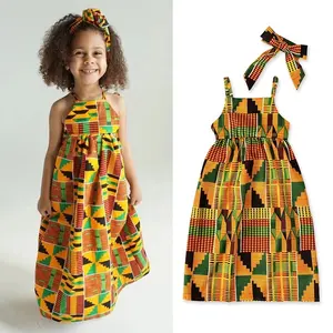 女婴派对连衣裙非洲服装儿童Bazin dashi Dashiki时尚连衣裙带头带