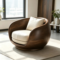 Fauteuil œuf de luxe en bois massif courbé avec coussin en cuir, fauteuil de loisirs design pour villa, hôtel, hall d'entrée