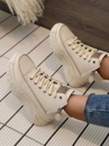 Baskets montantes décontractées polyvalentes pour femme, printemps-automne, à bout rond, avec fermeture éclair latérale, semelle plateforme épaisse, style sportif urbain pour le quotidien - Product Image 3