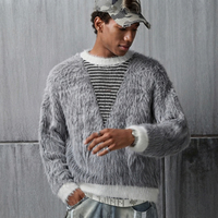 Herren Atmungsaktiver Pullover Rundhals Übergroßer Schnitt Gestreiftes Muster Warmer Mohair-Strick Rückenlogo Herbst Winter