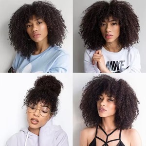 Parrucca Afro Riccia con Frangia all'Ingrosso, Alta Densità, Senza Pizzo, Capelli Umani Vergini, Taglio <span class=keywords><strong>Bob</strong></span> Corto, Colore Naturale - Product Image 6