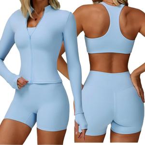 Conjuntos Deportivos de 4 Piezas para Mujer, Personalizados, <span class=keywords><strong>S</strong></span>ólidos, Ligeros, de Cintura Alta Elástica, Transpirables, con Logotipo Frontal, para Gimnasio, Yoga, Pilates y Entrenamiento - Product Image 5