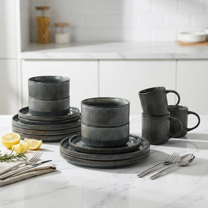 European-style Vintage Embossed Glazed Bone China <b>Microwave</b> Safe Dinnerware <b>Set</b> Four People 16-Piece Plates Flatware Soup Bowls - Product Image 4