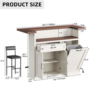 Breakfast Bar Table with Drop Leaf, Kitchen Island Storage, Mobile Storage Islands Power Outlet, Off White - Product Image 4