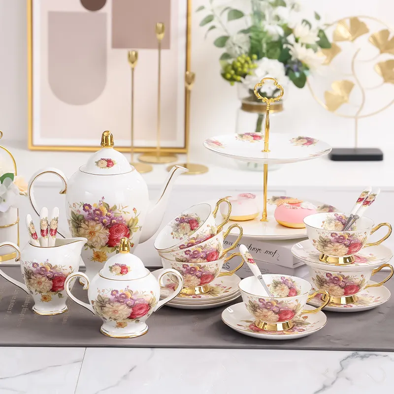 Conjunto de cerâmica europeu para bebidas, flor de osso fino impresso da china bule de chá conjunto de copo de ouro pote de leite e jarra de açúcar