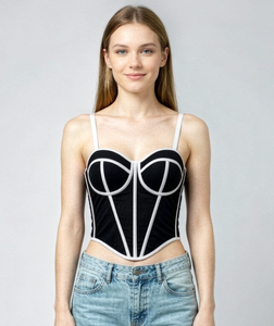 Corset gainant respirant pour femme, bustier court push-up rembourré noir avec bordure blanche, contrôle du ventre, pour usage quotidien - Product Image 1