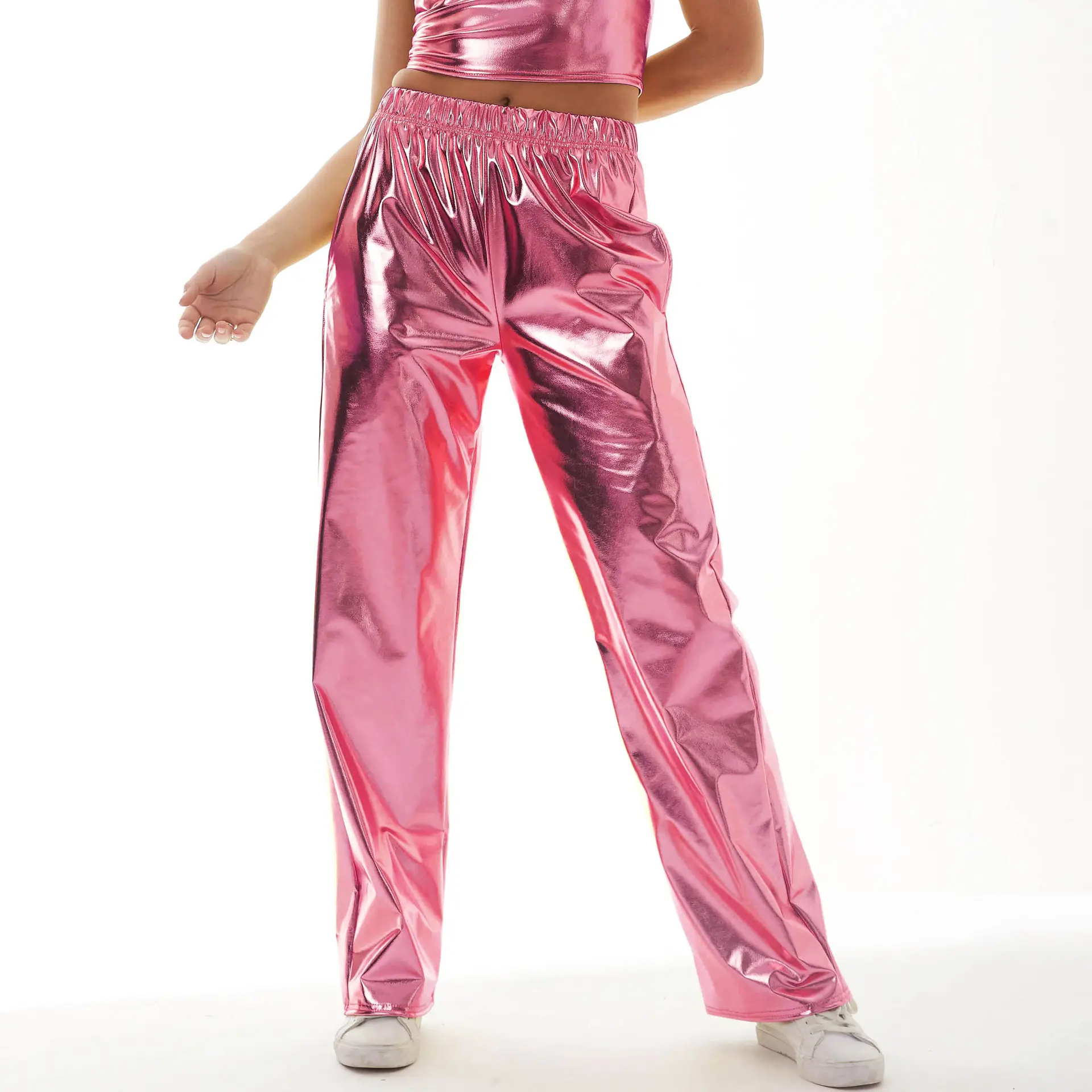King Mcgreen star nouveauté femmes brillant métallisé poche pantalon ample danse streetwear vêtements décontracté solide chaud or pantalon