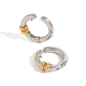 <b>Clip</b>-on Earrings Stainless Steel Gold <b>Silver</b> Color-blocked Geometric Round Design Fashion Jewelry Gift - Product Image 1