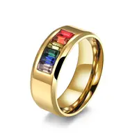 Super setembro novo design 6 cores lgbt arco-íris, anel de aço inoxidável banda de cristais arco-íris quadrado zircão colorido anel