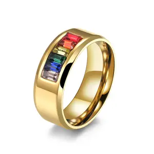 Super September New Design 6 Colors LGBT Rainbow Ring Stainless Steel Band Rainbow Crystals square zircon colorful Ring