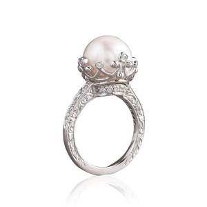 Anillo de cóctel F1491 Crown con perla de agua de mar y diamantes de talla brillante redonda con engaste pavé para mujer, anillos finos de boda. - Product Image 3