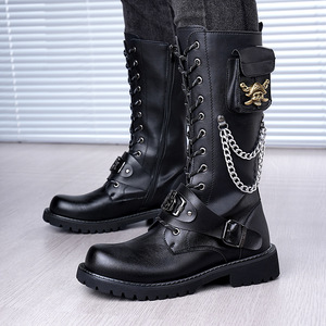 Bottes Martin pour hommes, mi-mollet, en cuir, bout rond, tendance mode, boucle chaîne tête de mort, semelle en caoutchouc, pour scène - Product Image 1