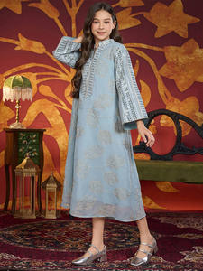 Nouvelles filles musulmanes <span class=keywords><strong>feuille</strong></span> métallique brodé longue Abaya avec col Mandarin bleu clair islamique enfants vêtements - Product Image 4