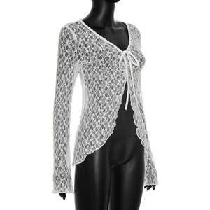 Viviblook J26TP289 Women Autumn Top V-Neck Lace Long <b>Sheer</b> Casual Long Sleeve Top for Ladies - Product Image 3