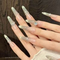 Lot de 24 faux ongles autocollants irisés œil de chat, longs, en amande, opale ombrée, avec strass 3D en forme de cœur, brillants, pour soirée