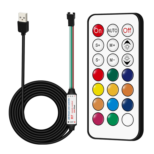 ESann 21keys Addressable Pixel LED Controller RF Remote Wireless Mini 15.0M Range 5~24V DC 2048 IC Max Load Dream Color Rainbow
