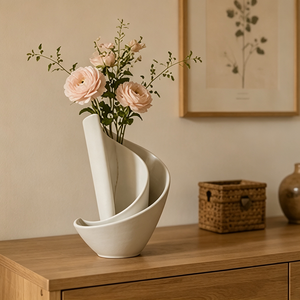 Vase en céramique abstrait blanc mat incurvé 3D, style Japandi, pour décoration de table à manger ou fenêtre en bois clair - Product Image 5