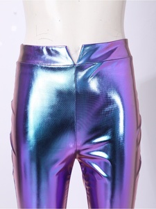 Womens Metallic Flare Pants High Waist V Notch Front Slit Bell Bottom <b>Disco</b> 70s Club Festival Party Holographic <b>Trousers</b> Custom - Product Image 3
