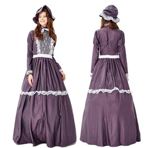 European American Style Women's Long Dark <b>Purple</b> Satin Dress Set With <b>Hat</b> Noblewoman Princess Retro Court Gown Full Sleeve - Product Image 1