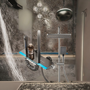 Robinet de salle de bain moderne en aluminium brossé carré réglable avec thermostat, double poignée, jet pressurisé et douche pluie douce - Product Image 3