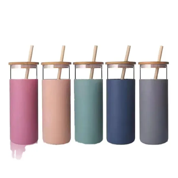 New creative eco-friendly 500ml glass tumbler bamboo lid silicone sleeve bottle glass water drinking bottle with straw