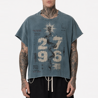 T-shirt Streetwear Personnalisé Vintage Délavé Imprimé DTG Manches Courtes Col Découpé Ourlet Brut Design Distressed T-shirts Hip Hop Musclés