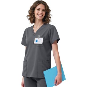 Blouse médicale pour femme à col en V, 4 poches, extensible, de qualité supérieure, uniforme d'hôpital, gris - Product Image 1