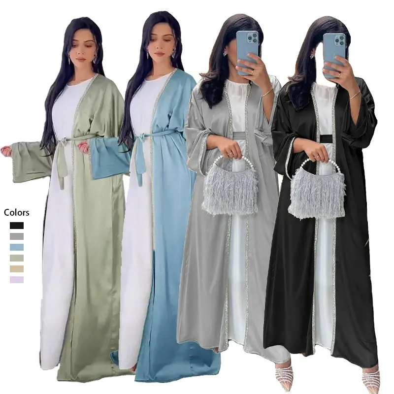 Hot Bán Hot Khoan Abrab Kimono Hồi Giáo Abayas Áo Bên Trong Ăn Mặc 2 Pcs Thiết Lập Dài Satin Hồi Giáo Ăn Mặc Mở Abaya