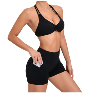 ชุดออกกำลังกายสองชิ้นสำหรับผู้หญิง คุณภาพสูง เสื้อชั้นในแบบสปอร์ตบรา กางเกงขาสั้นรัดรูป ยกกระชับสะโพก รับสกรีนโลโก้ ระบายอากาศได้ดี เหมาะสำหรับโยคะ ฟิตเนส เวทเทรนนิ่ง เอวยืดหยุ่น - Product Image 3