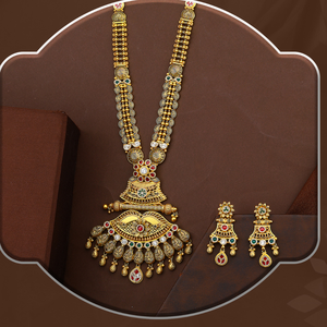 Elegant antique gold <b>long</b> haram <b>necklace</b> traditional temple design bridal jewelry with detailed and matching earring - Product Image 3