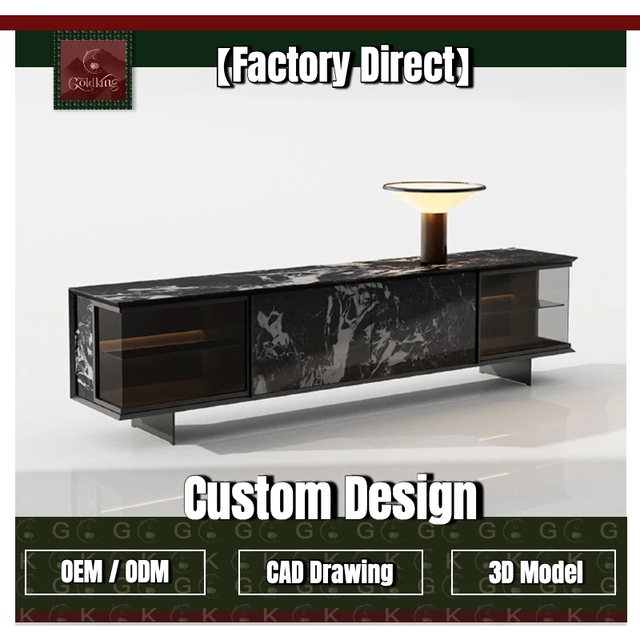 GOLDKING Modern Living Room Marble TV Console Glass Doors Open Shelf Metal Legs OEM Custom Made