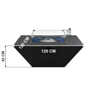 Table de foyer carrée moderne 120x120cm avec pare-vent en verre, verre à feu bleu, acier noir mat, bioéthanol, foyer portable pour patio extérieur