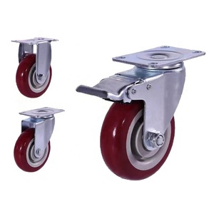 Verstelbare 3 inch, 4 inch, 5 inch rode universele industriële zware zwenkwielen PU medium met rem draaiplateau meubelwerkplaats - Product Image 1