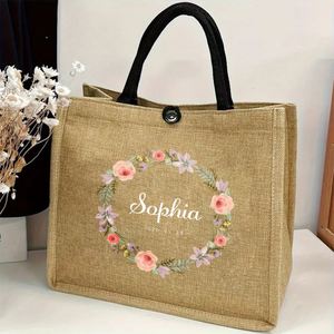 Sac fourre-tout en lin personnalisé avec des éléments floraux |   Design élégant, adapté à diverses occasions, nettoyage à sec uniquement, fermeture à boucle - Product Image 6