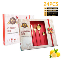 Ensemble de couverts en acier inoxydable plaqué or miroir de 24 pièces pour Noël portugais, cuillères, fourchettes, boîtes cadeaux pour décorations de fêtes